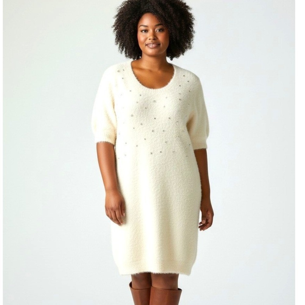 Ashley Stewart Rhinestone Eyelash Knit Sweater Dress Egret White 26/28 NWT